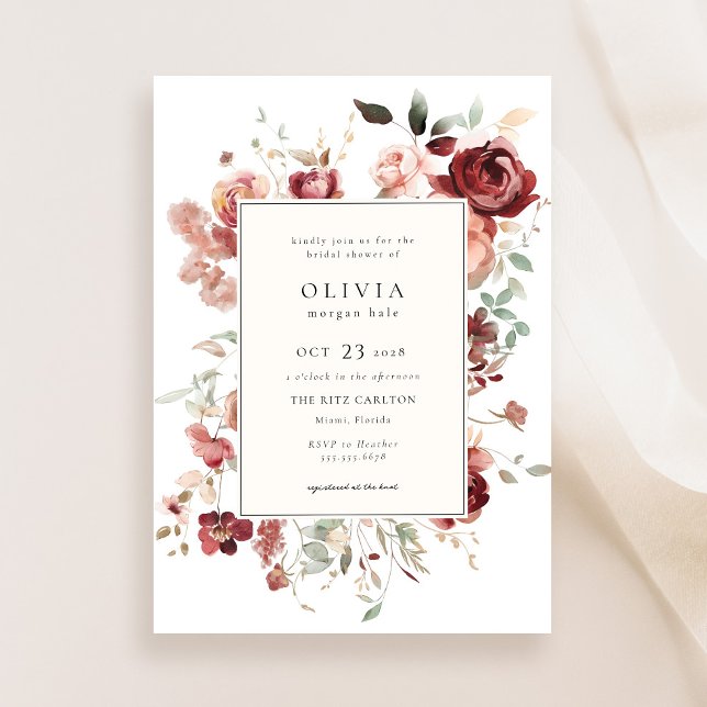Burgundy Autumn Floral Bridal Shower Invitation (Creator Uploaded)