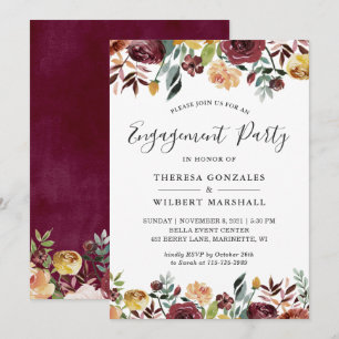 Burgundy Autumn Floral Engagement Party Invitation