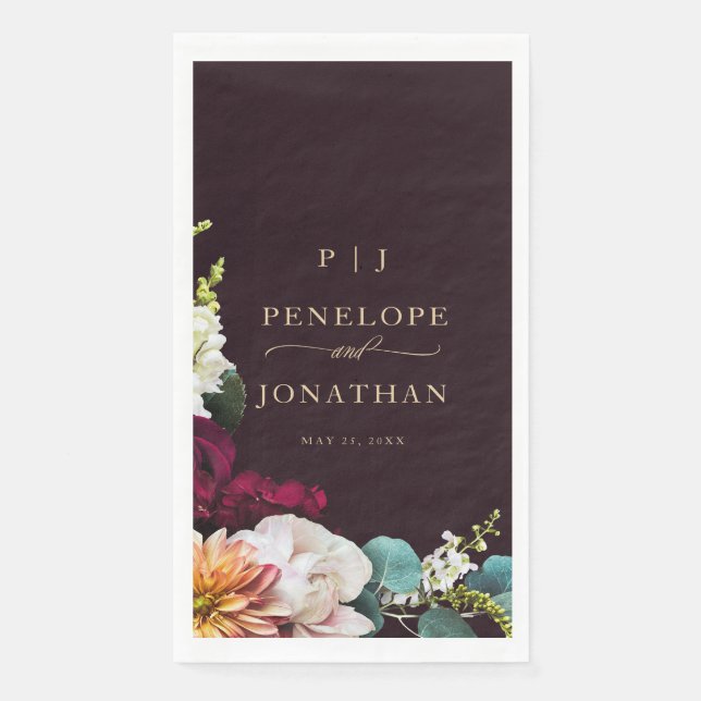 Burgundy Autumn Floral Gold Monogram Wedding Napkin (Front)
