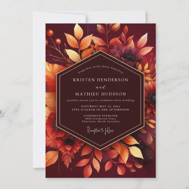 Burgundy Autumn Floral Romance Wedding Invitation (Front)