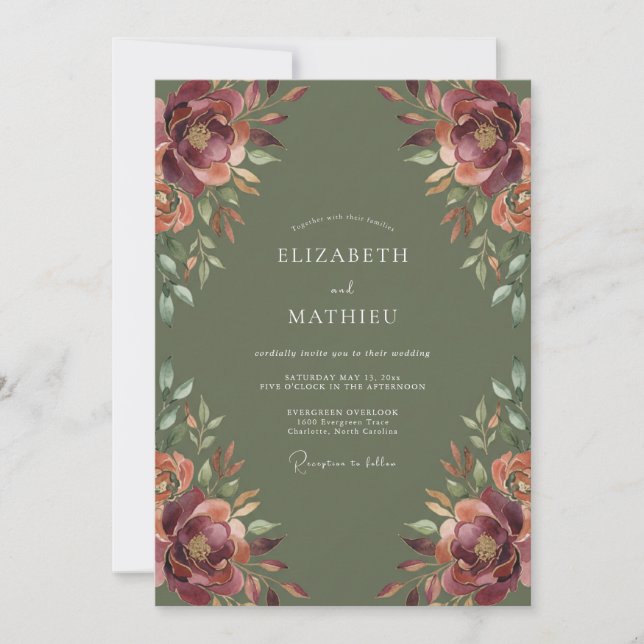 Burgundy Autumn Floral Wedding Invitation (Front)