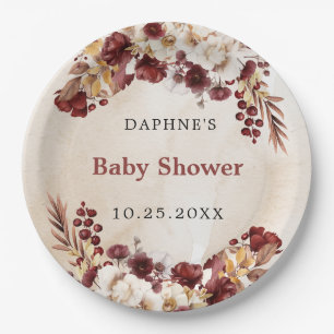 Burgundy Autumn Flowers and Leaves Baby Shower Paper Plate