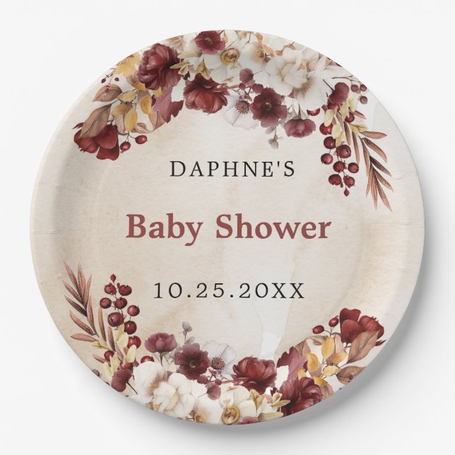 Burgundy Autumn Flowers and Leaves Baby Shower Paper Plate (Front)