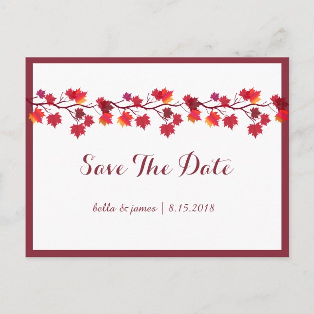 Burgundy Autumn Leafs Wedding Save The Date Cards (Front)