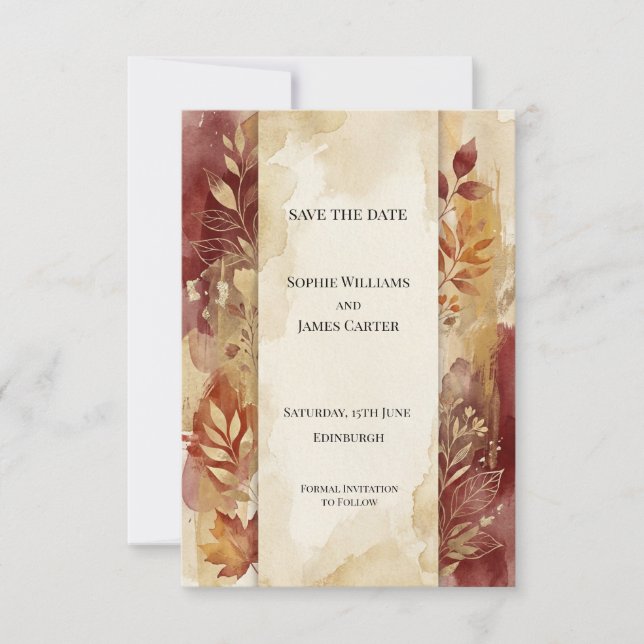 Burgundy Autumn Leaves Save The Date Card (Front)