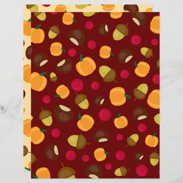 Burgundy Autumn Pumpkin Berries Scrapbook Paper (Front/Back)