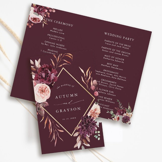 Burgundy Autumn Romance Gold Frame Wedding Program (Front & Back)