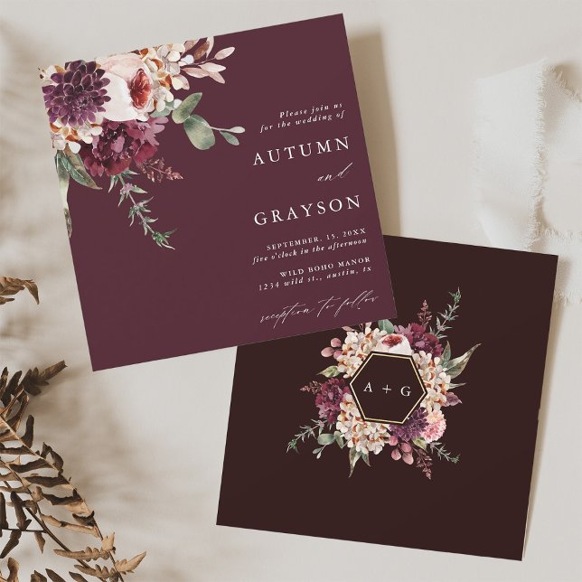 Burgundy Autumn Romance Watercolor Wedding Square Invitation (Front & Back)