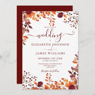 Burgundy Autumn Rustic Floral Leaves Wedding Invitation