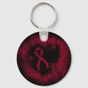 Burgundy Awareness Ribbon Grunge Heart Key Ring