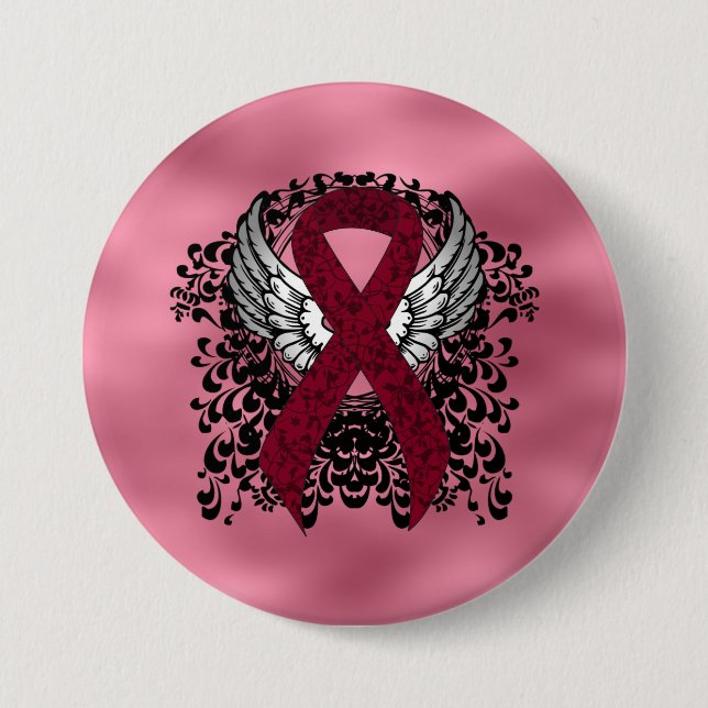 Burgundy Awareness  Ribbon with Wings 7.5 Cm Round Badge (Front)