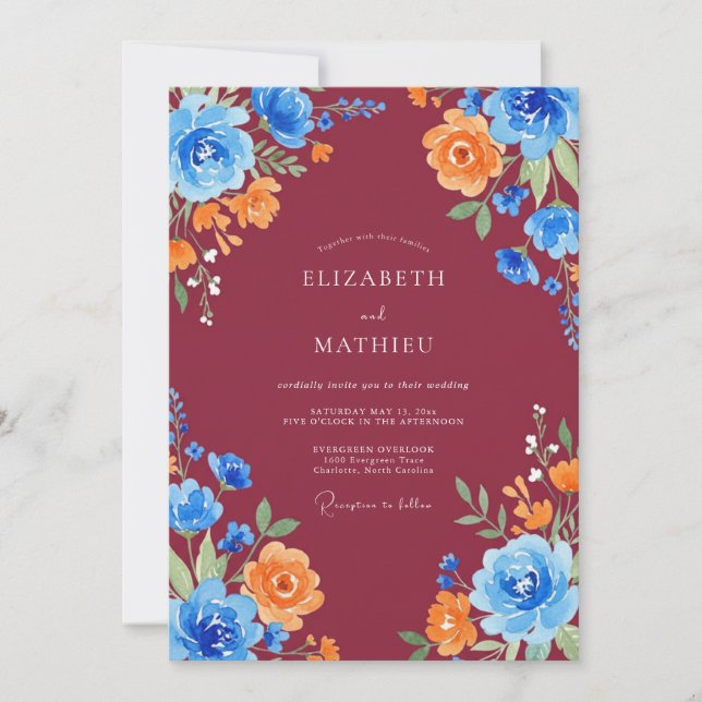 Burgundy Azure Orange Painted Wedding Invitation (Front)