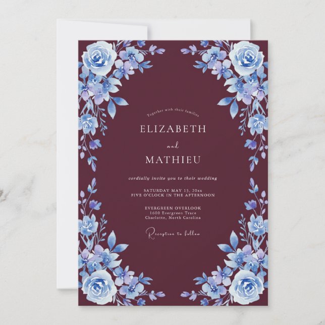 Burgundy Azure Petal Wedding Invitation (Front)