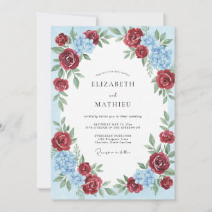 Burgundy Azure Romantic Traditional Wedding Invitation