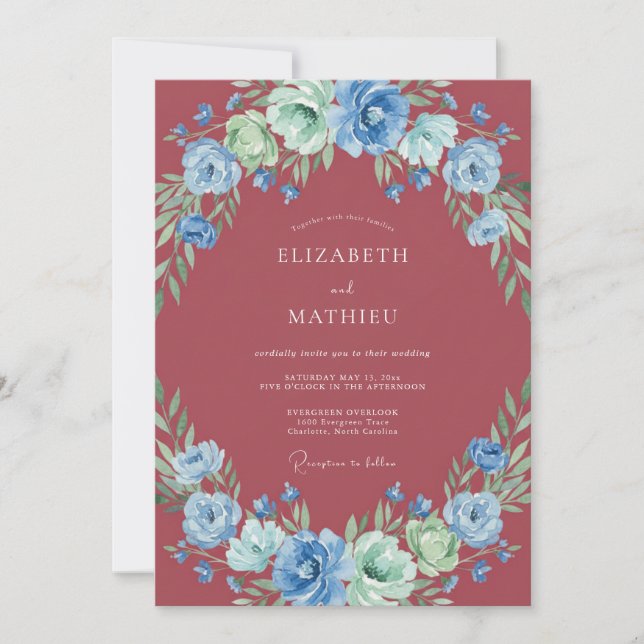 Burgundy Azure Wildflower Wedding Invitation (Front)