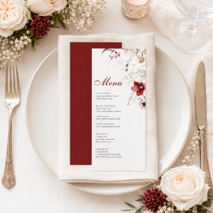 Burgundy Back Ivory Floral Wedding Menu Card