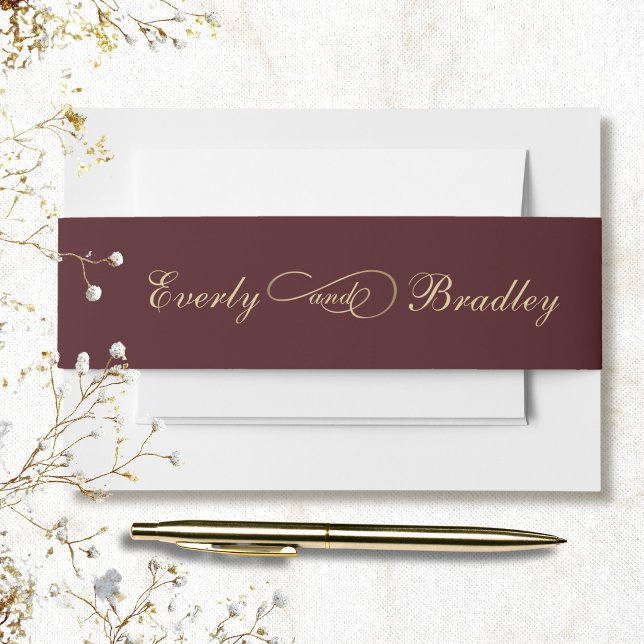 Burgundy Background Gold Script Elegant Dark Red Invitation Belly Band (Creator Uploaded)