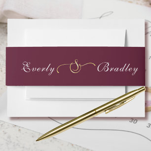 Burgundy Background White Script Gold Ampersand  Invitation Belly Band