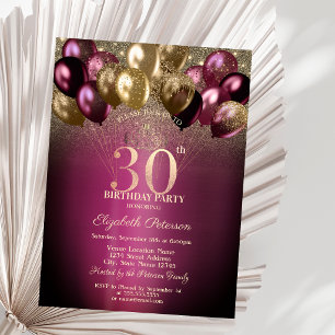 Burgundy Balloons Glitter 30th Birthday Invitation
