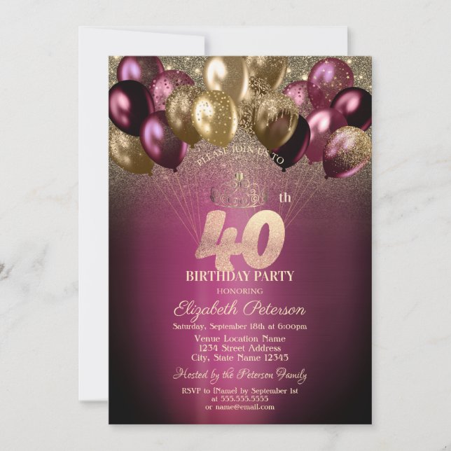 Burgundy Balloons Glitter 40th Birthday Invitation (Front)