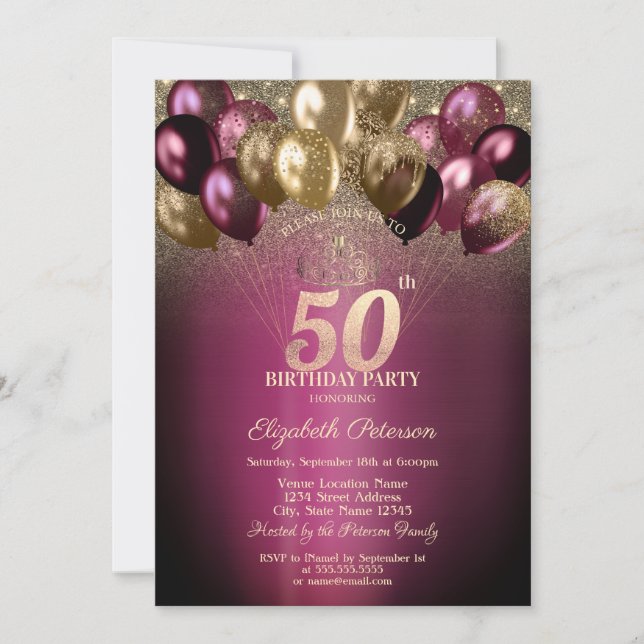 Burgundy Balloons Glitter 50th Birthday Invitation (Front)