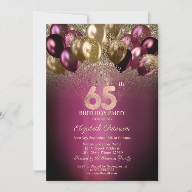 Burgundy Balloons Glitter 65th Birthday Invitation (Front)