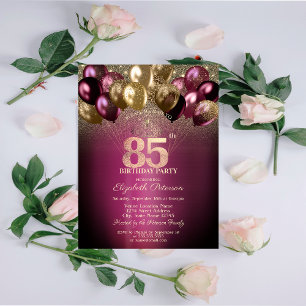 Burgundy Balloons Glitter 85th Birthday Invitation