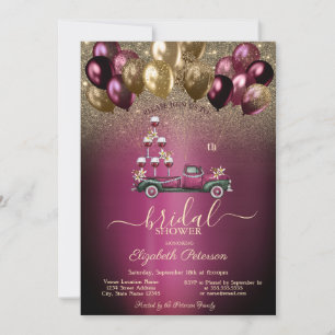 Burgundy Balloons Wine Truck Glitter Bridal Shower Invitation