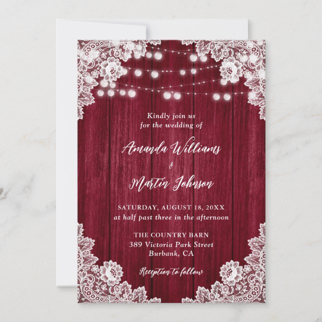 Burgundy Barn Wood Lace String Lights Wedding Invitation (Front)