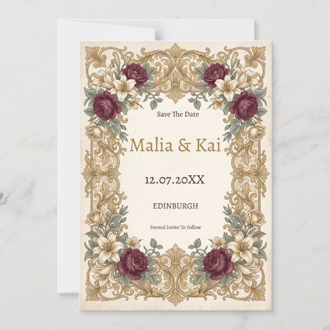 Burgundy Baroque Floral Save the Date Magnet (Front)