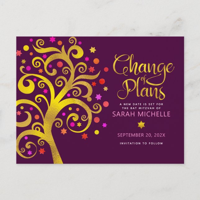 Burgundy Bat Mitzvah Change Plans Gold Tree o Life Invitation Postcard (Front)