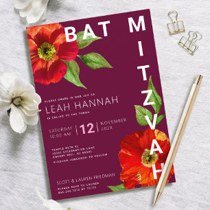 Burgundy Bat Mitzvah Floral Watercolor Modern Invitation