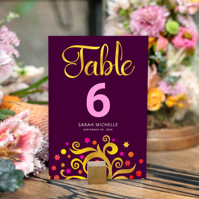 Burgundy Bat Mitzvah Gold Foil Tree of Life Modern Table Number (Creator Uploaded)