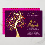 Burgundy Bat Mitzvah Tree of Life Script Real Gold<br><div class="desc">Be proud, rejoice and showcase this milestone of your favourite Bat Mitzvah! This graphic real gold foil tree with sparkly pink, orange, and red Star of David and dot “leaves” on a rich purple burgundy background is the perfect invitation for this special occasion. A tiny, dark red Star of David...</div>