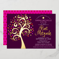 Burgundy Bat Mitzvah Tree of Life Script Real Gold