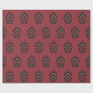 Burgundy Bear Paw Print Folk Art Wrapping Paper