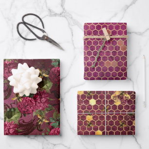 Burgundy Bee Series Design One Wrapping Paper Sheet