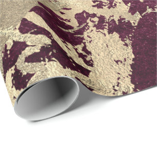 Burgundy Beetroot Molten Gold Marble Shiny Metal Wrapping Paper