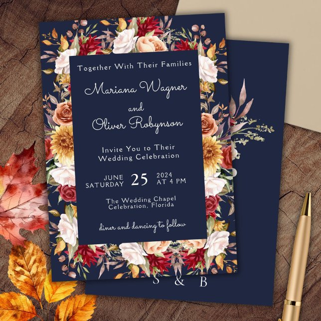 Burgundy Beige Navy Blue Fall Floral Wedding Invitation (Creator Uploaded)