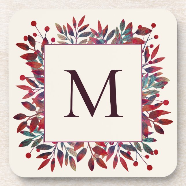 Burgundy Berries & Autumn Leaves Monogram Coaster (Front)