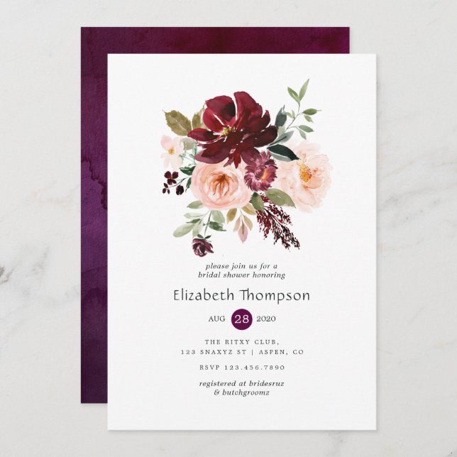 Burgundy Berry and Blush Floral Bridal Shower Invitation (Front/Back)