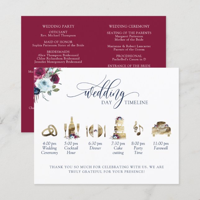 Burgundy, Berry Blue Wedding Program and Timeline (Front/Back)