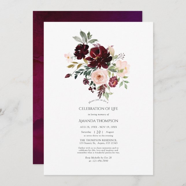 Burgundy Berry & Blush Floral Celebration of Life Invitation (Front/Back)