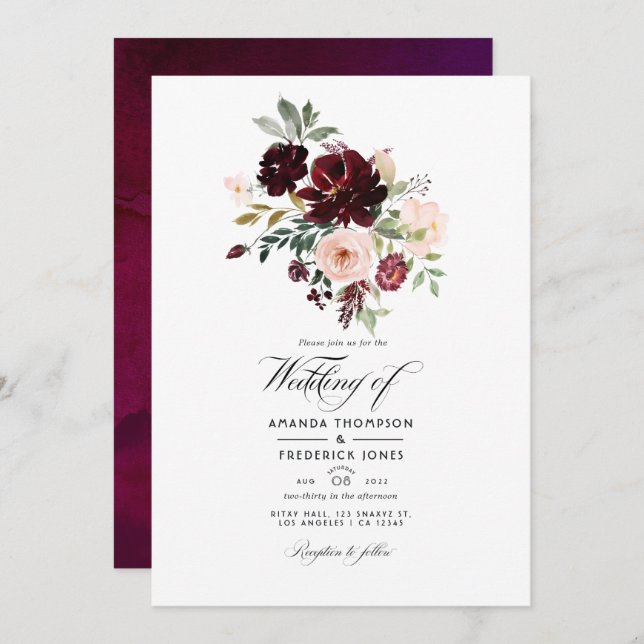 Burgundy Berry & Blush Floral Wedding Photo Invitation (Front/Back)