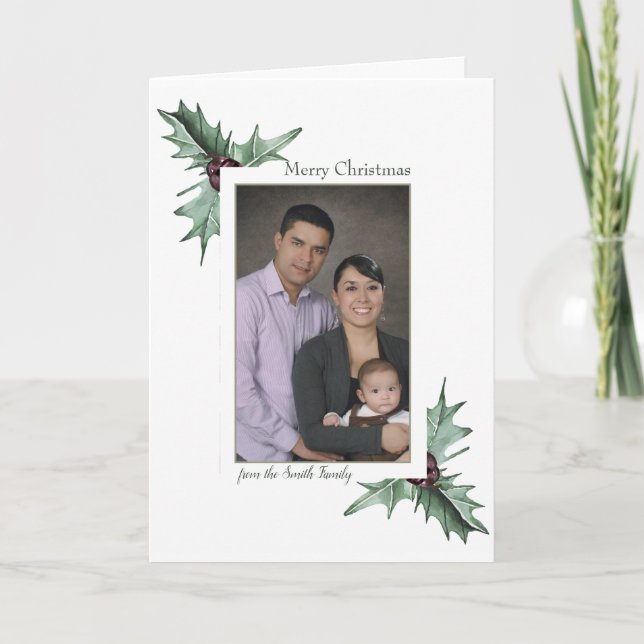Burgundy Berry & Holly Christmas Photo Holiday Card (Front)