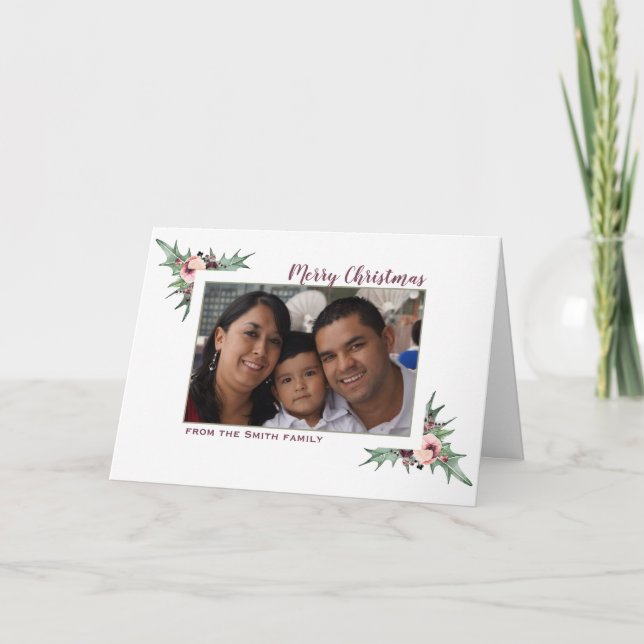Burgundy Berry & Holly Christmas Photo Holiday Card (Front)