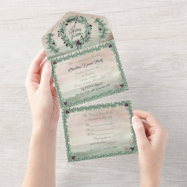 Burgundy Berry Holly Pine Christmas All In One Invitation (Tearaway)