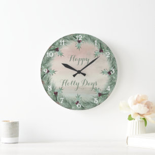 Burgundy Berry Holly Pine Christmas Large Clock