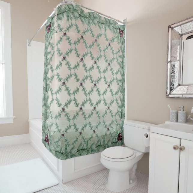 Burgundy Berry Holly Pine Christmas Shower Curtain (In Situ)