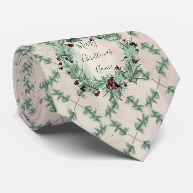 Burgundy Berry Holly Pine Christmas Tie (Rolled)